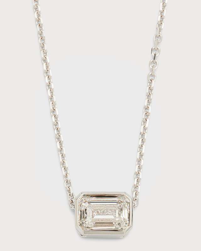 18K White Gold Emerald-Cut East-West Diamond Pendant Necklace, 18"L